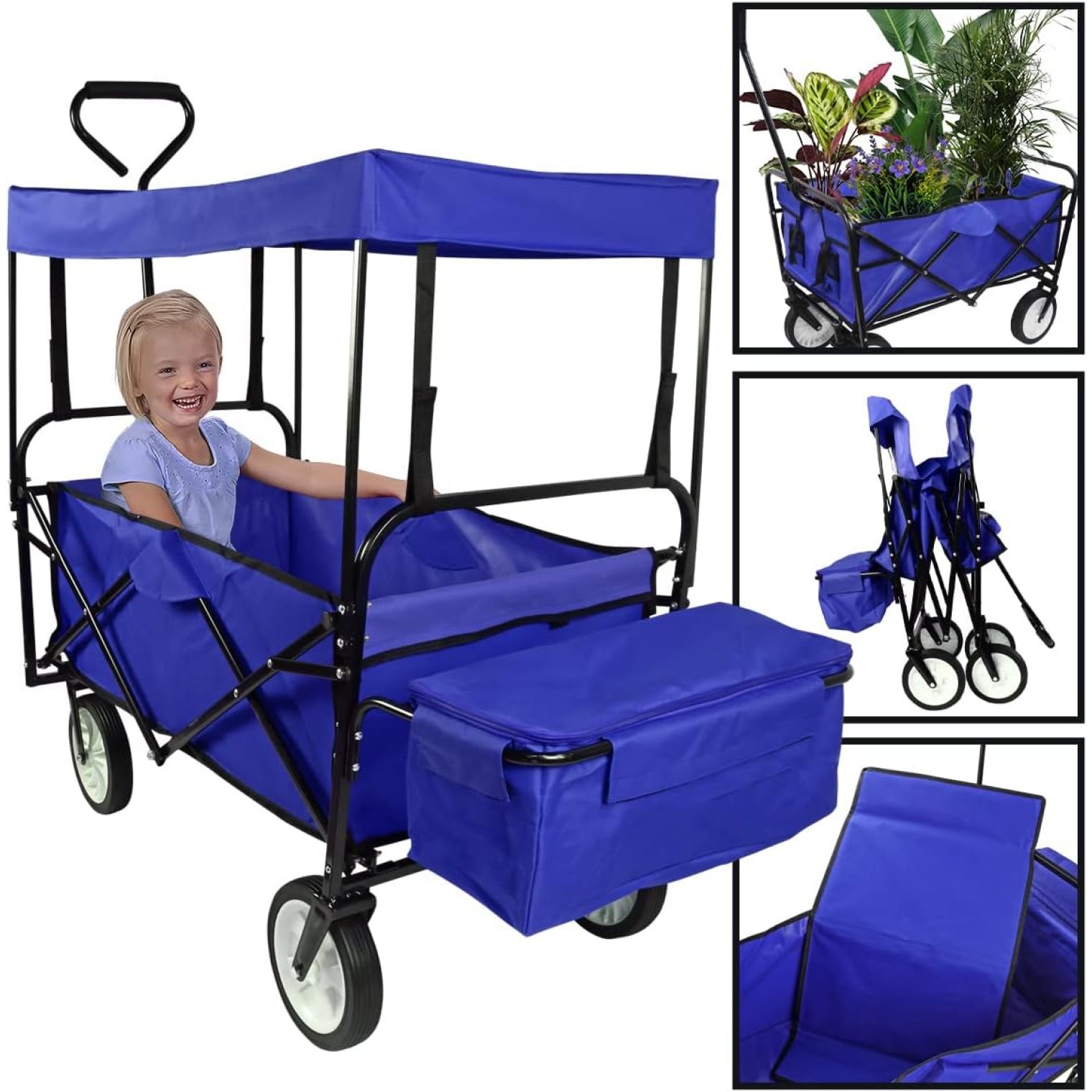 Chictail Blue Collapsible Wagon Folding Cart with Canopy Beach Garden