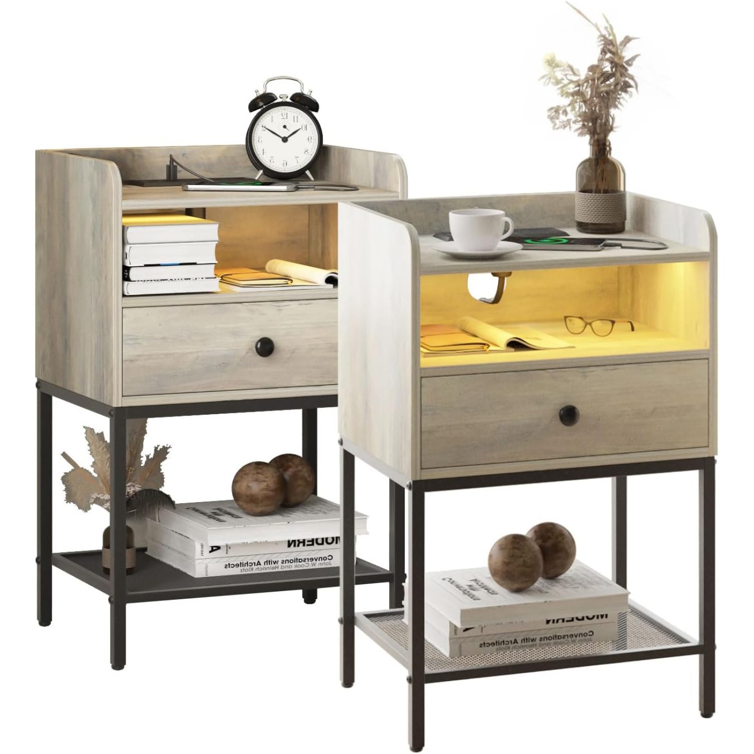 Chictail Nightstands Set of 2 with Charging Station and LED Lights,Grey