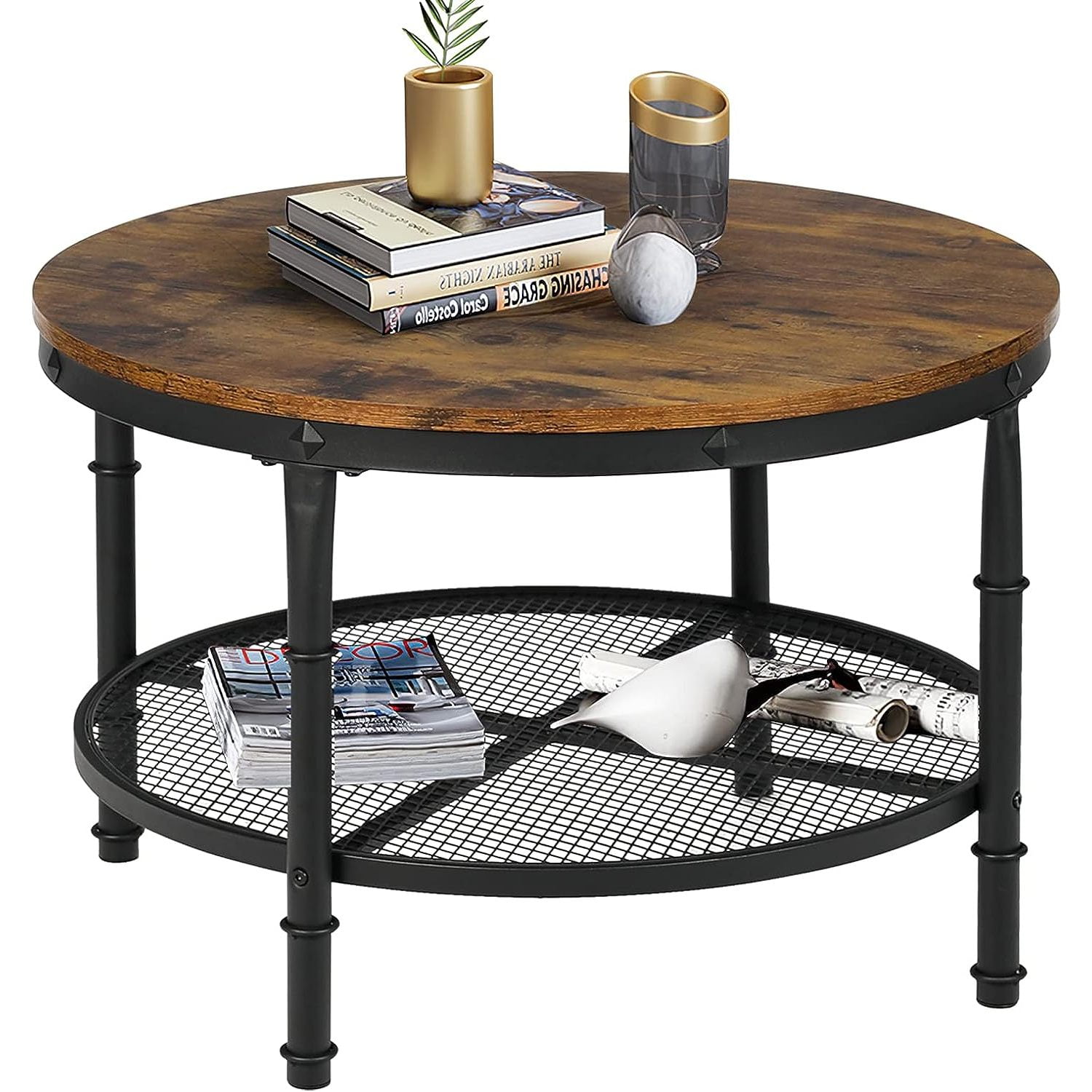 Chictail Small Round Coffee Table with Storage, Rustic Center Table for