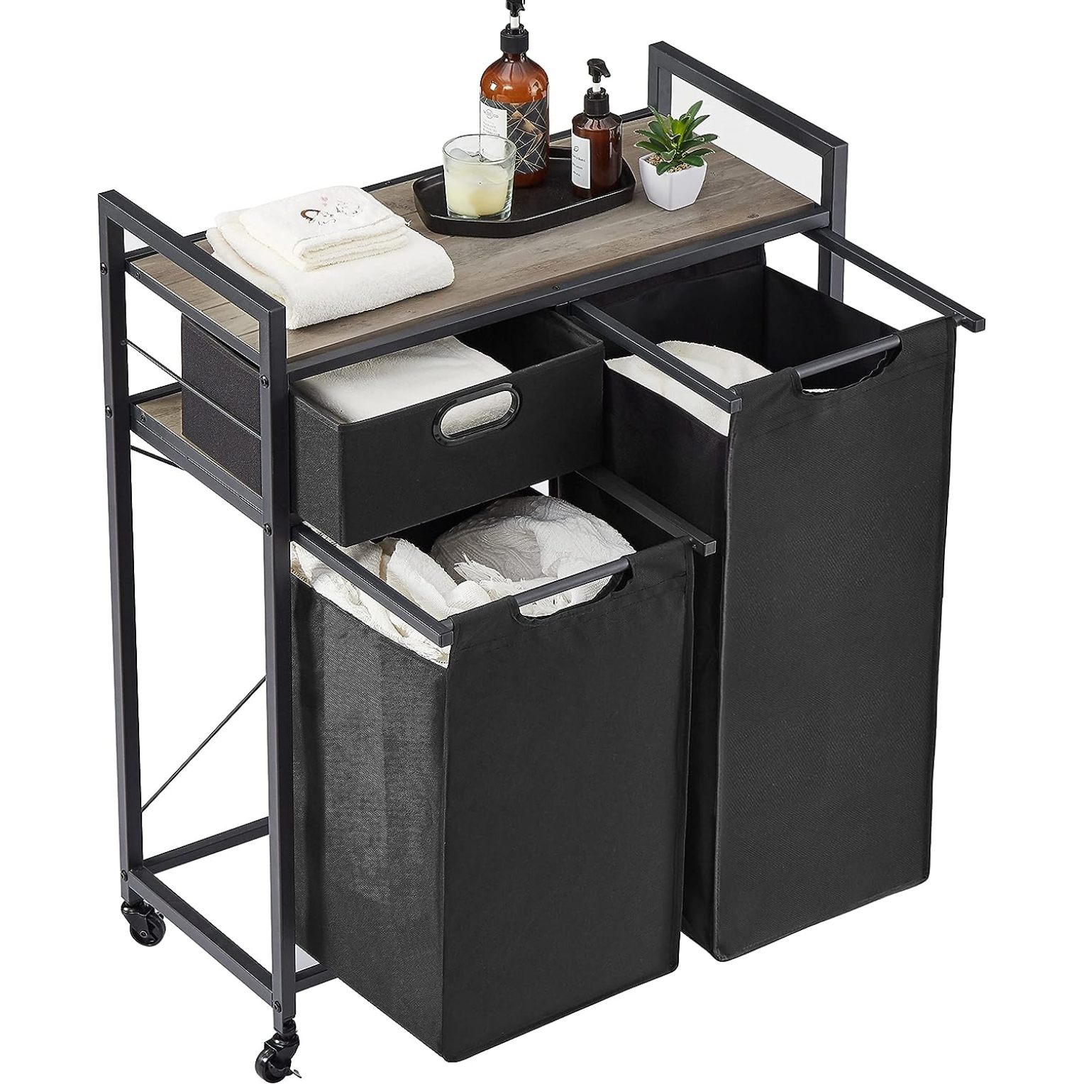 Chictail laundry basket laundry sorter with 2 pullout and removable bags, 1 shelf, 1 drawer for