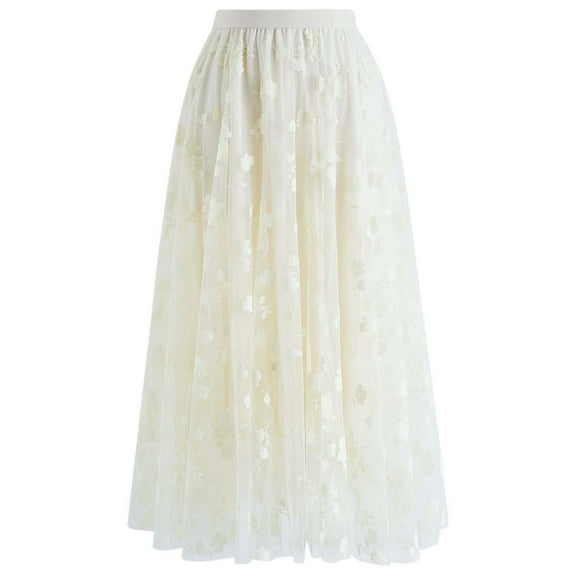 Chicwish Women's Cream 3D Posy Double-Layered Mesh Midi Skirt