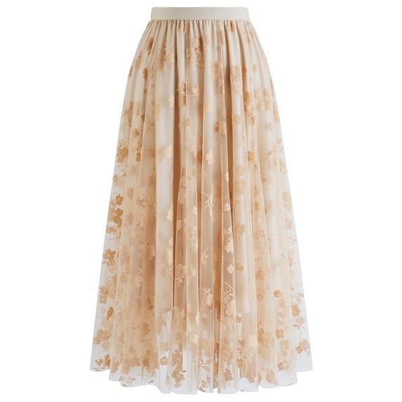 Chicwish Women's Light Tan 3D Posy Double-Layered Mesh Midi Skirt