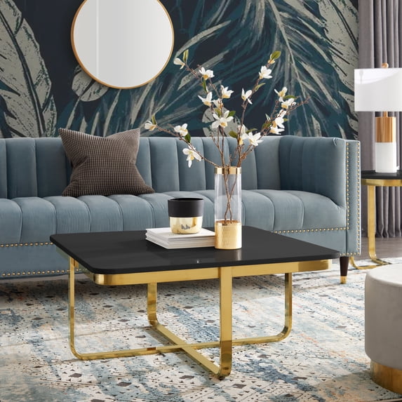Chidia Black Gold Coffee Table - High Gloss Lacquer Finish Top, Polished Stainless Steel Base, X-Leg