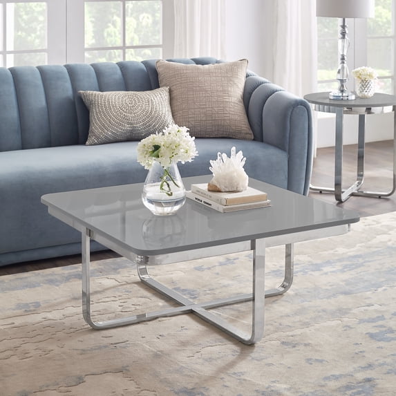 Chidia Light Grey Chrome Coffee Table - High Gloss Lacquer Finish Top, Polished Stainless Steel Base, X-Leg