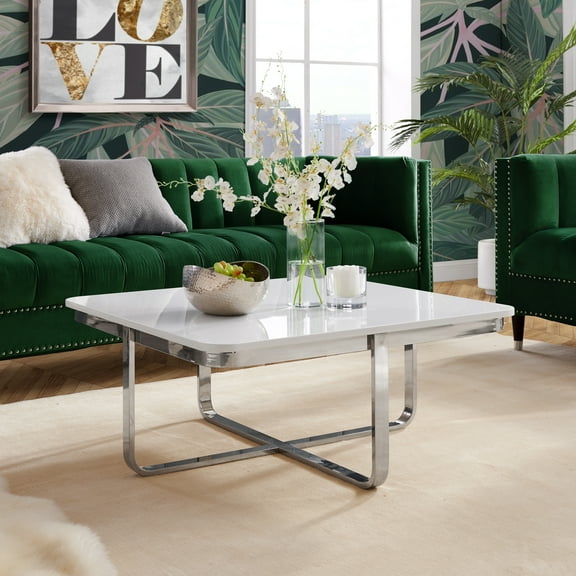 Chidia White Chrome Coffee Table - High Gloss Lacquer Finish Top, Polished Stainless Steel Base, X-Leg
