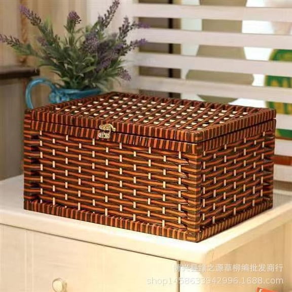 Chidian Woven Storage Bin with Lid for Sundries Rattan Basket for Shelves Decorative Storage Box for Desktop Multipurpose Organizer for Snacks and Makeup