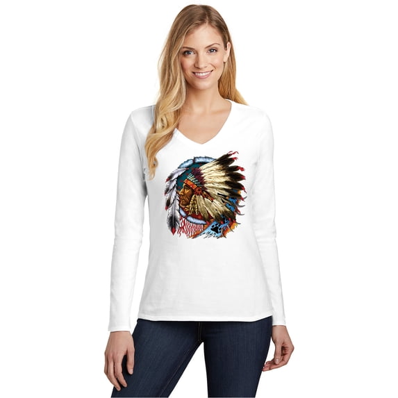 Chief Dreamcatcher Biker Womens V-neck Long Sleeve Shirt, Large White