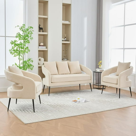 Chifee & Vingol 3 Pieces Velvet Living Room Furniture Set, Upholstered Loveseat with 2 Accent Chairs for Living Room,Apartment, Bedroom, Office, Beige