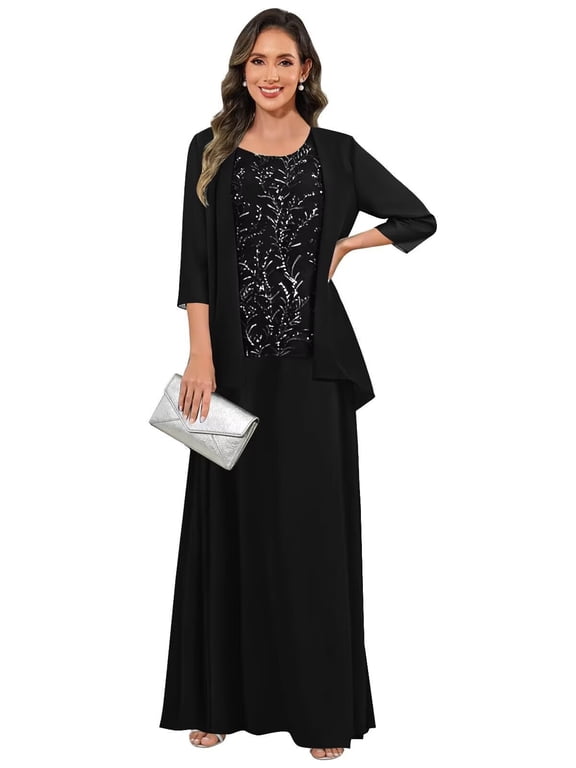 Chiffon 3/4 Sleeves Mother of The Bride Dress with Jacket Cowl neck 3 Pieces Elegant Mother of the Groom Dresses WM012
