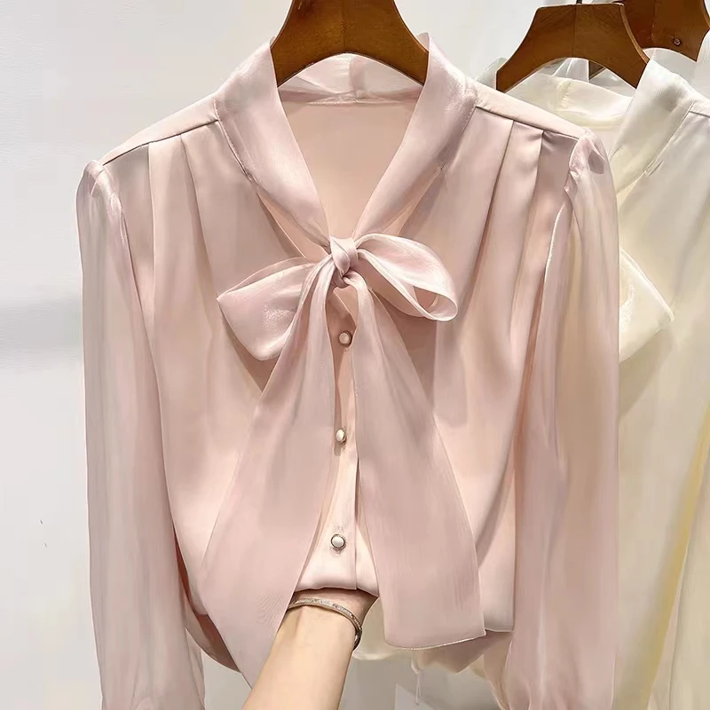 Chiffon Blouse Women Long Sleeve Ribbon Elegant Blouse for Women Korean