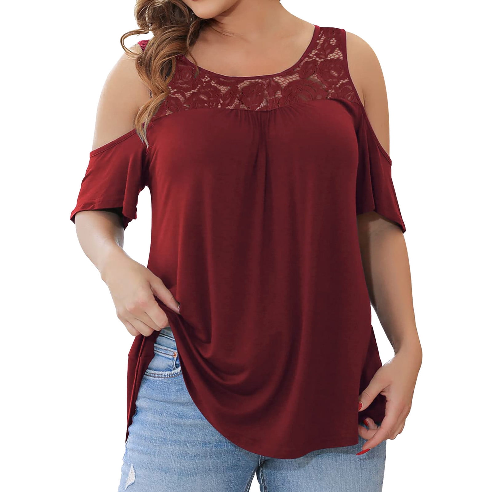 Chiffon Blouse Women plus Size Women Solid Plus Size Tops Off The Shoulder  Lace Stitching Short Sleeve Tunic Tops To Wear With Leggings Summer Tops  Cute Dressy Tops for Women 