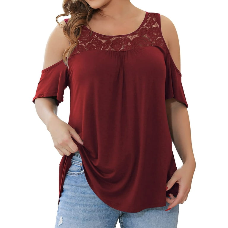 Chiffon Blouse Women plus Size Women Solid Plus Size Tops Off The Shoulder  Lace Stitching Short Sleeve Tunic Tops To Wear With Leggings Summer Tops
