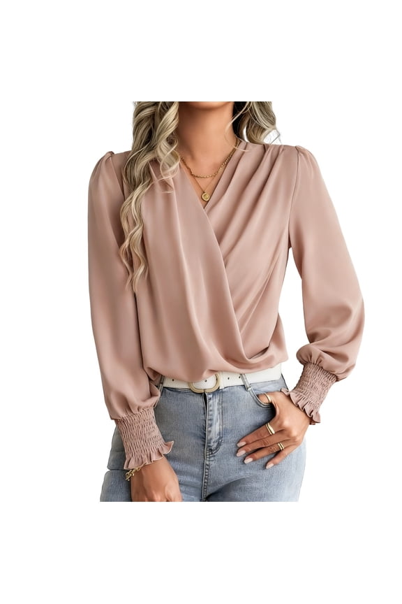 Chiffon Blouse for Women Draped Wrap V Neck Ruched Blouse Dressy Elegant Shirred Cuff Long Sleeve Shirts Top
