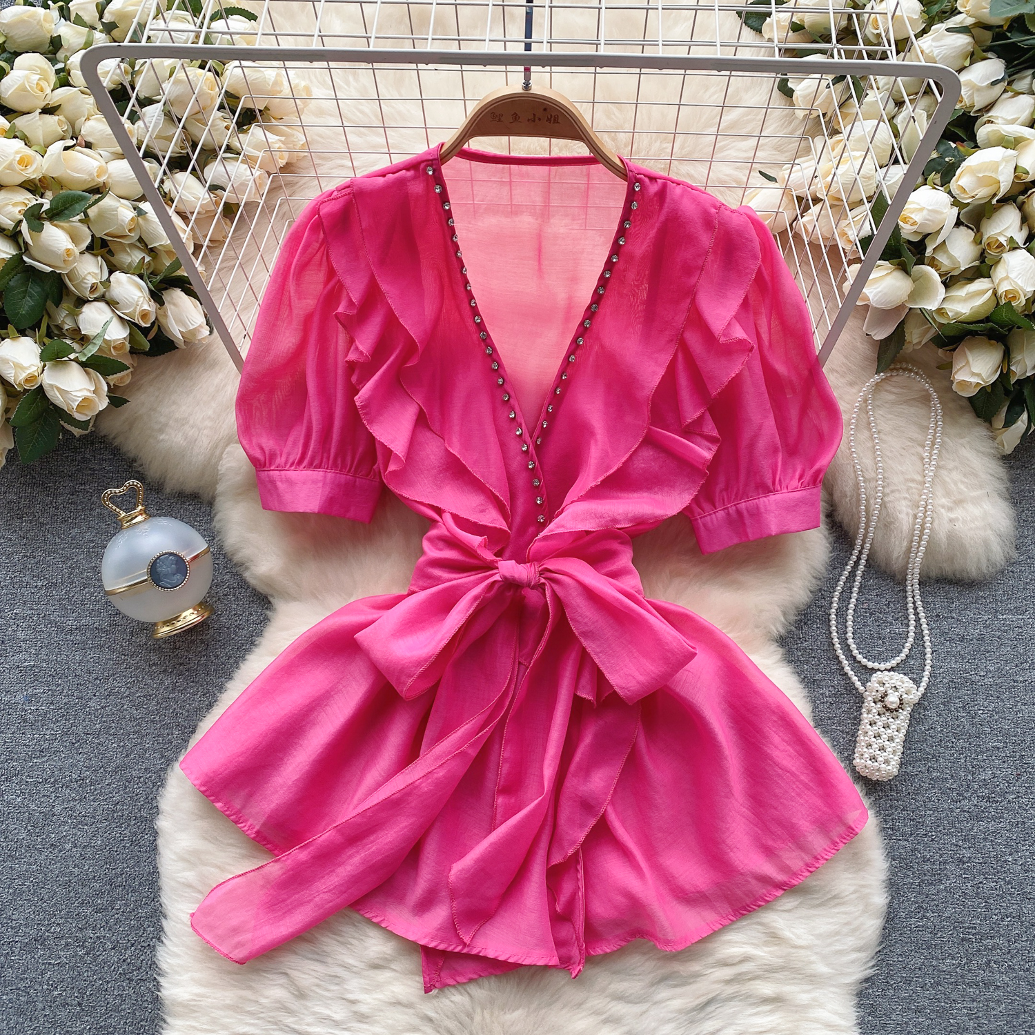 Chiffon Blouse for Women V Neck Beading Puff Sleeve Lace-up Blusas De Mujer Designer Summer Office Lady Camisas Solid Dropship
