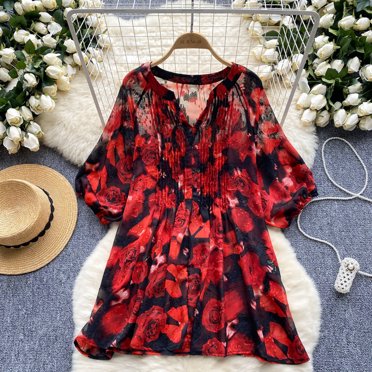 Chiffon Blouse for Women V Neck Printing Pleated Lantern Sleeve Blusas De Mujer American Retro Summer Camisas Loose Dropshipping
