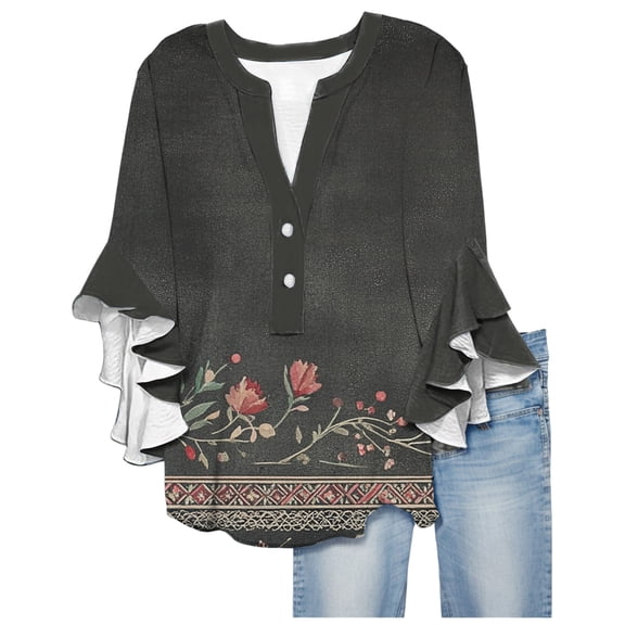 Chiffon Blouses For Women V Neck Casual Button Up Shirts For Women Floral Print Casual Summer Tops