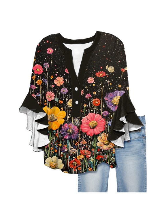Chiffon Blouses For Women V Neck Casual Button Up Shirts For Women Floral Print Casual Summer Tops