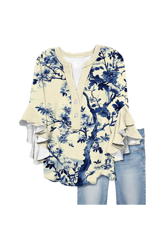 Chiffon Blouses For Women V Neck Casual Button Up Shirts For Women Floral Print Casual Summer Tops