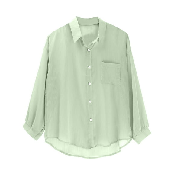 Chiffon Blouses for Women, Yigetop Women's Fashionable Chiffon Solid Color Loose Long Sleeved Single Breasted Lapel Shirt Solid Color Casual Shirt Chiffon Button Down Blouses for Women Green M