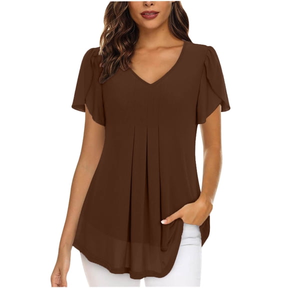 Chiffon Blouses for Women Dressy Short Petal-Sleeve Pleated V-Neck Lightweight Business T Shirts Casual Loose Solid Color Basic Pullover Tops