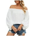 thumbnail image 1 of Chiffon Blouses for Women Long Lantern Sleeve Summer Off Shoulder Plain Top T Shirts Flowy Tunics Spring, 1 of 7