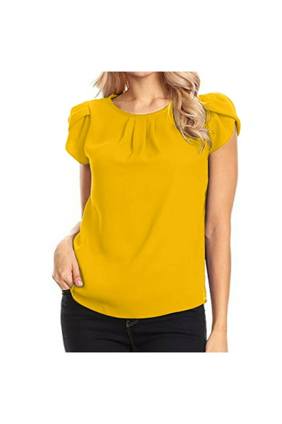 Chiffon Blouses for Women Short Sleeve Summer Tops Solid Color Round Neck Casual Shirt Elegant Work Blouse Yellow L