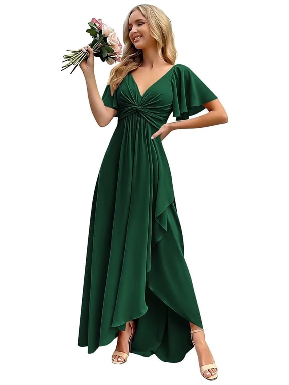 Chiffon Bridesmaid Dress with Slit V‑Neck Flutter Sleeve Formal Gown with Twist Knot Waist Wedding Guest Party WM010