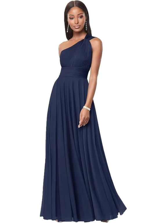 Chiffon Bridesmaid Dresses Long for Women One Shoulder Sleeveless A Line Formal Dress with Pockets WM025