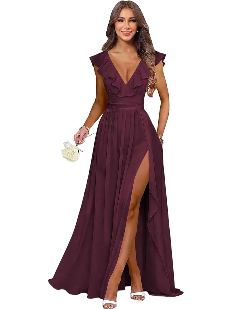 LYQDRSS Chiffon Bridesmaid Dresses Long with Slit Maxi V Neck Formal Evening Dress with Ruffles Sqzu001, Women's, Size: 26 Plus, Clear
