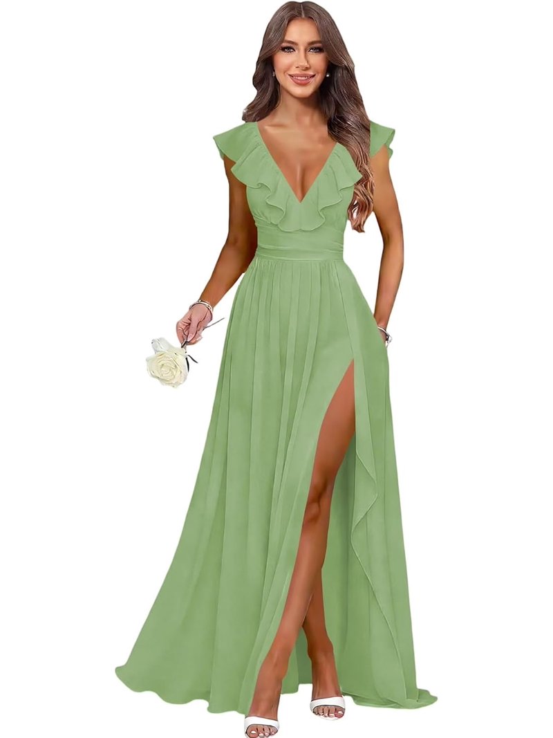 Chiffon Bridesmaid Dresses Long with Slit Maxi V Neck Formal Evening Dress with Ruffles SQZU001