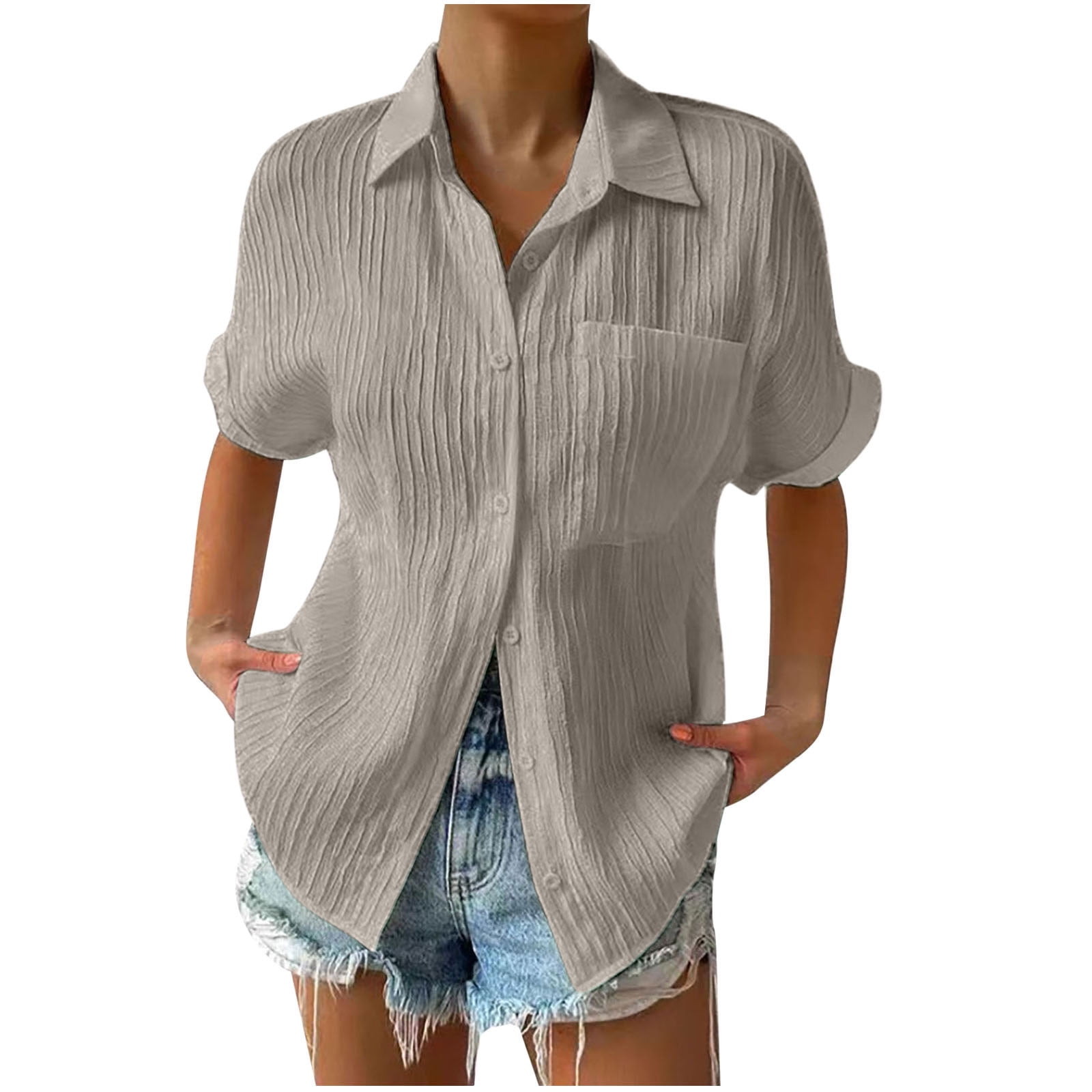 Chiffon Button Up Shirts for Women Short Sleeve Pleated Trendy Casual ...