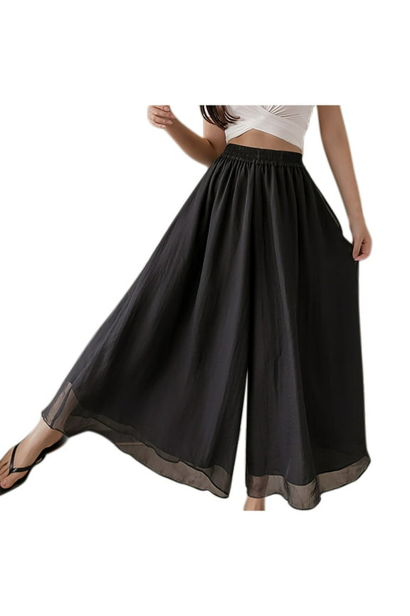 Chiffon Capris Pants for Women Wide Leg Double Layer Pleated Swing Culottes Lightweight Fashion Casual Beach Pants