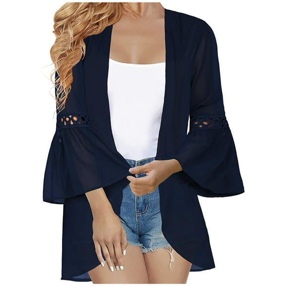 Chiffon Cardigan for Women 3/4 Bell-Sleeve Open Front Swimwear Cover up Lightweight Summer Cardigans Blouse Lady's Blazers & Suit Jackets Blue L