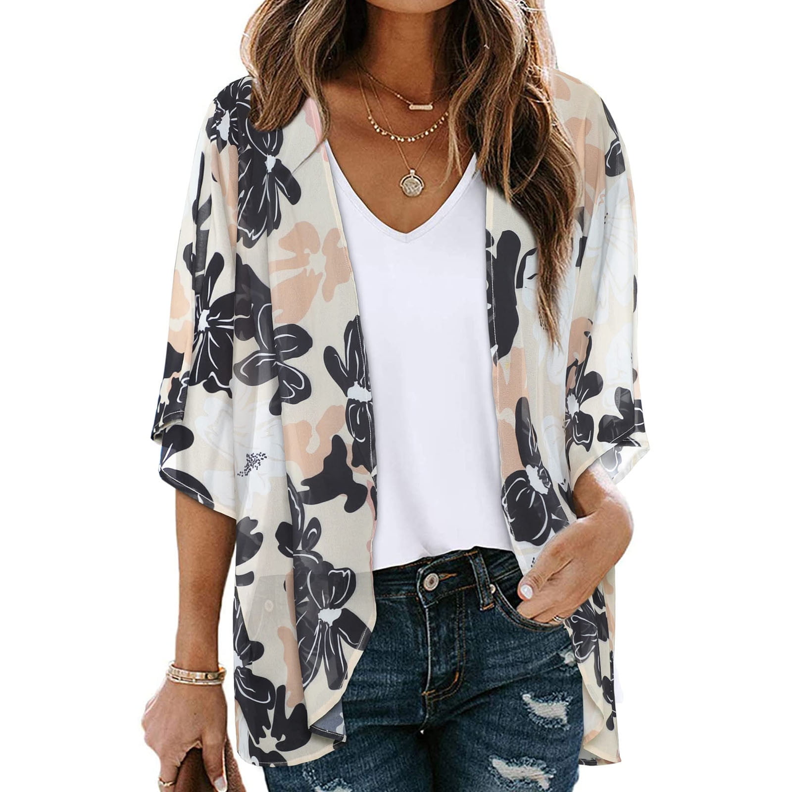 Finoceans Women's Floral Kimono Cardigan - Sheer Chiffon Wrap, 3/4 Sleeve, Lightweight Cover-Up For Summer & Beach - View #3