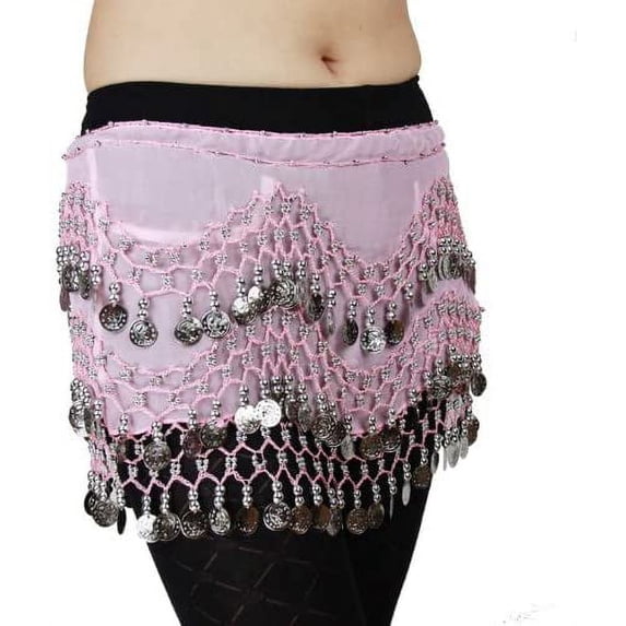 Chiffon Dangling Silver Coins Belly Dance Hip Scarf, Vogue Style -pink