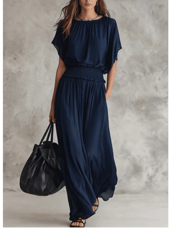 Chiffon Dress Womens Wrap Crew Neck Fall Dresses Wedding Guest Casual Pleated Shortsleeve Midi Dress Ruffle Smocked Long Dress