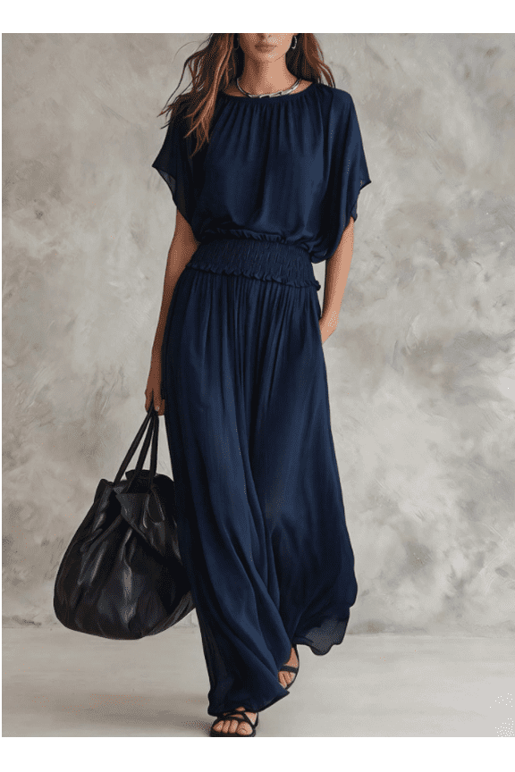 Chiffon Dress Womens Wrap Crew Neck Fall Dresses Wedding Guest Casual Pleated Shortsleeve Midi Dress Ruffle Smocked Long Dress