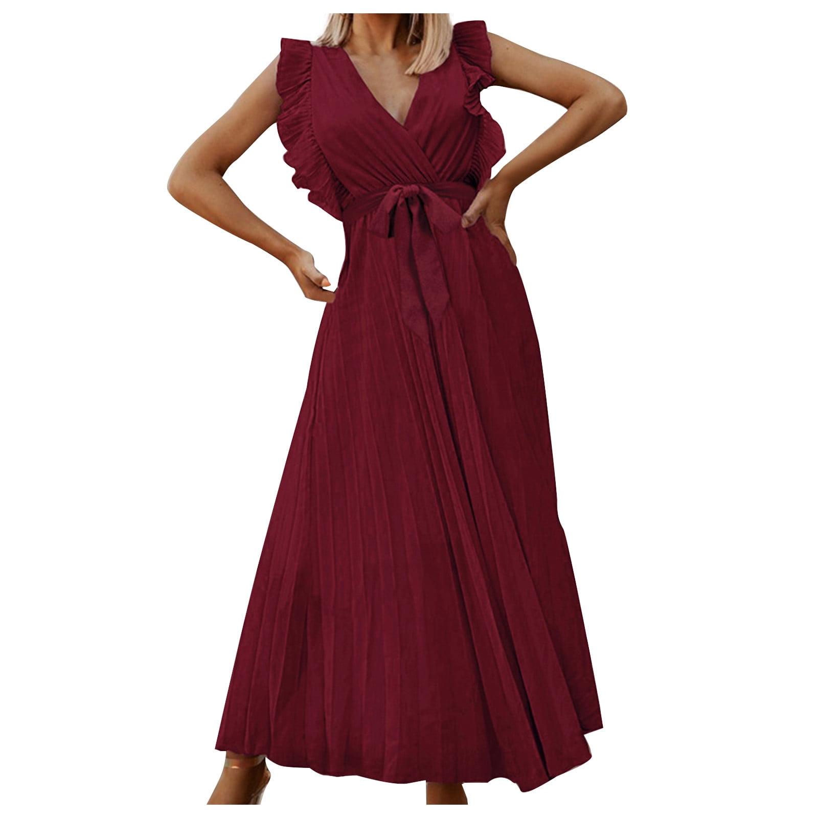 Chiffon Dress for Women High Waist Tie Wrap Dress Ruffle Sleeves Double layer A line Dress Winter Solid Color V Neck Casual Dress Walmart