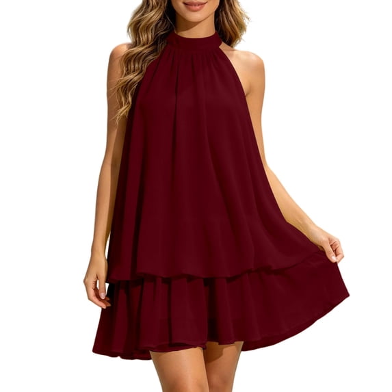 Chiffon Dresses for Women Halter Drop Waist Mini Dress Ruffle Wedding Guest Dress with Built-in Shorts Backless Flowy Summer Dresses for Club, Night Out and Holiday Brunch Outfits