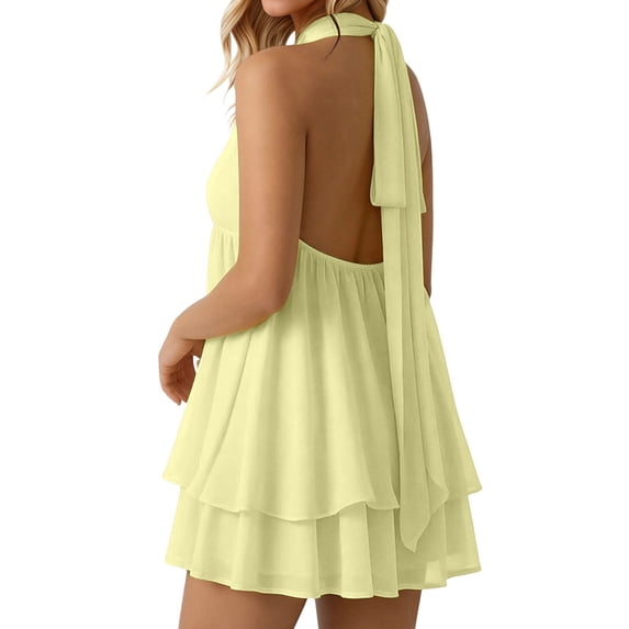 Chiffon Dresses for Women Halter Drop Waist Mini Dress Ruffle Wedding Guest Dress with Built-in Shorts Backless Flowy Summer Dresses for Club, Night Out and Holiday Brunch Outfits