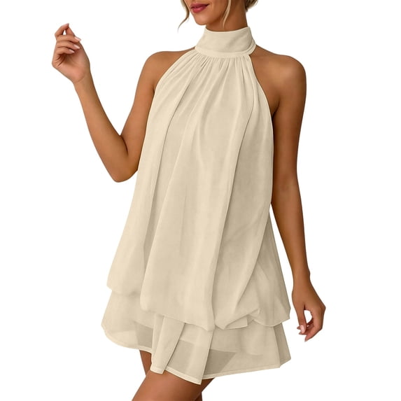 Chiffon Dresses for Women Halter Drop Waist Mini Dress Ruffle Wedding Guest Dress with Built-in Shorts Backless Flowy Summer Dresses for Club, Night Out and Holiday Brunch Outfits
