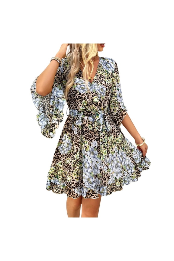 Chiffon Dresses For Women, Hawaiian Wedding Guest Vintage Floral V Neck Half Sleeve Tunic Casual Mini Bra Backless Dress Red Party Womens Maxi Dresses Flowy Dresses Maxi (L, Leopard Print) ZMTing