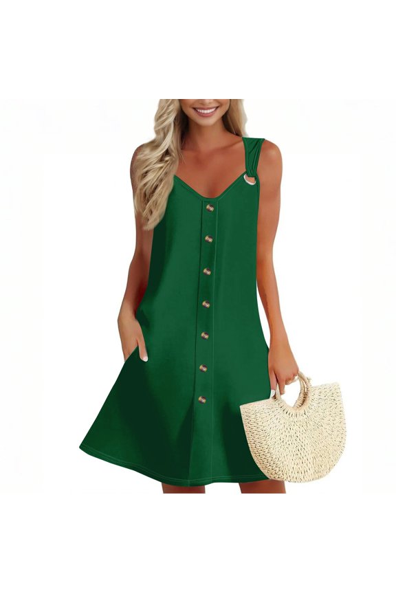 Chiffon Dresses For Women, Tank Sundress Casual V Neck Sleeveless Button Down Beach Dress With Pockets Mens Slim Fit Dress Pants Tennis Linen Summer Casual Dresses (XXL, Dark Green) ZMTing