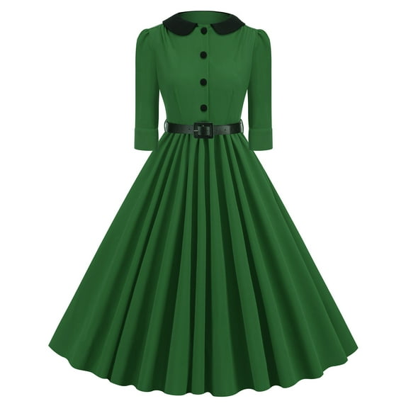 Chiffon Dresses for Women Women's Button Formal Dresses 3/4 Sleeve Modest Vintage Dress Retro Cocktail Flowy Dress Midi Evening Dress Dresses for Curvy Women S-87 Green M