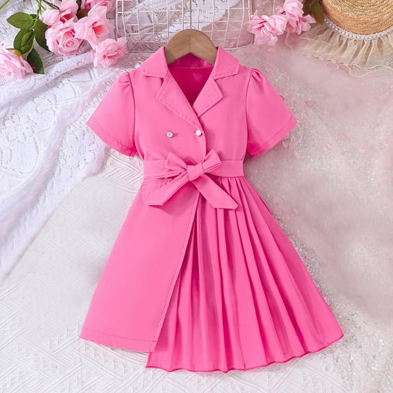 Chiffon Dresses for Girls with Belt Size 3-9 Toddlers Kids Short Puffed Sleeve Button Collared Solid Color A-Line Pleated Suit Dress