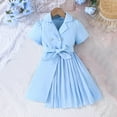 thumbnail image 1 of Chiffon Dresses for Girls with Belt Size 3-9 Toddlers Kids Short Puffed Sleeve Button Collared Solid Color A-Line Pleated Suit Dress, 1 of 8