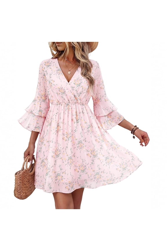 Chiffon Dresses for Women 3/4 Ruffle Sleeve V Neck Layers Dresses Spring Summer Casual Flowy Dresses, 2XL