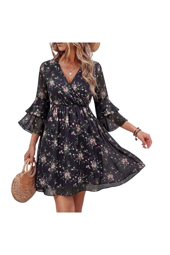 Chiffon Dresses for Women 3/4 Ruffle Sleeve V Neck Layers Dresses Spring Summer Casual Flowy Dresses, S