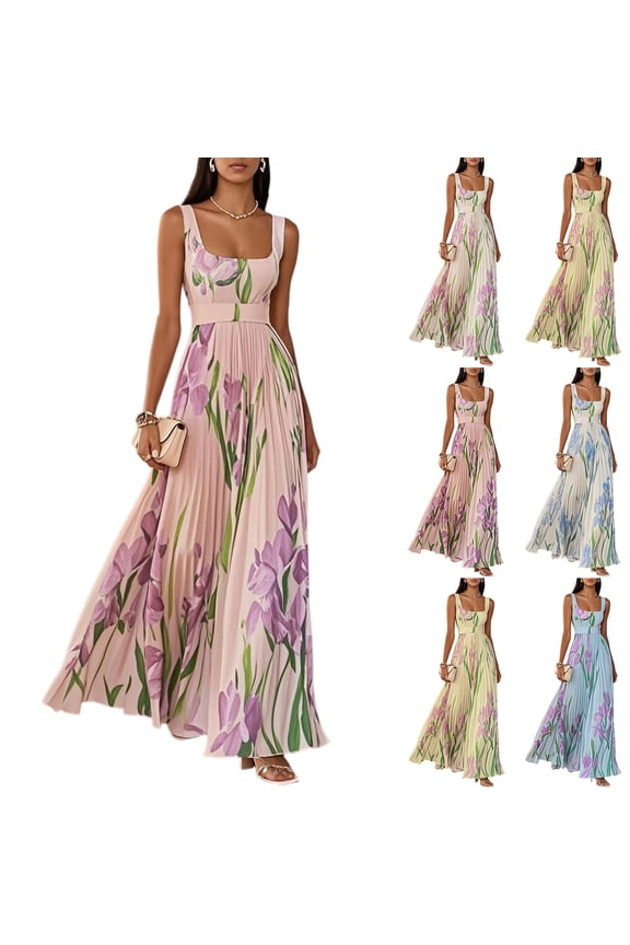 Chiffon Dresses for Women Sleeveless Empire Waist Wedding Guest Dress Boho Floral Floral Print Italian Dress Sky Blue M