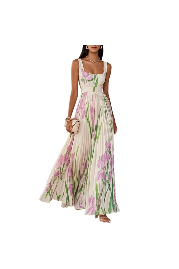 Chiffon Dresses for Women Sleeveless Halter Long Dress Boho Floral Causal Summer Dress, XL